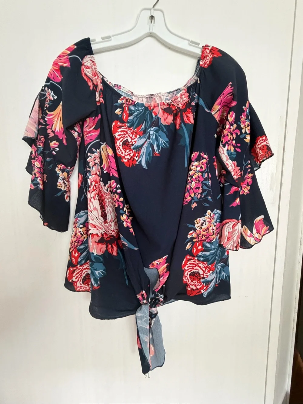 Off-Shoulder Navy Floral Tie-Front Women’s Top - Picture 2 of 7